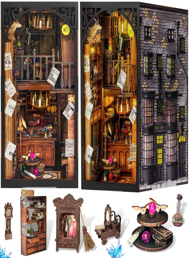 Fuiltee DIY Book Nook Kit, 3D Wooden Puzzle Miniature Booknook Bookend Bookshelf Decor with LED Light, Dust Cover, Book Nook Kits for Adults Teen Ideas - Image 1